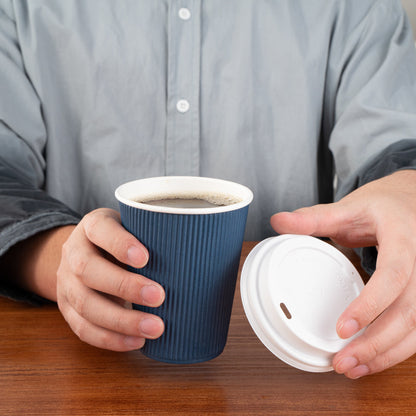 Restpresso 12 oz Midnight Blue Paper Ripple Wall Coffee Cup - with White Lid - 3 1/2" x 3 1/2" x 5" - 200 count box
