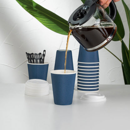 Restpresso 12 oz Midnight Blue Paper Ripple Wall Coffee Cup - with White Lid - 3 1/2" x 3 1/2" x 5" - 200 count box
