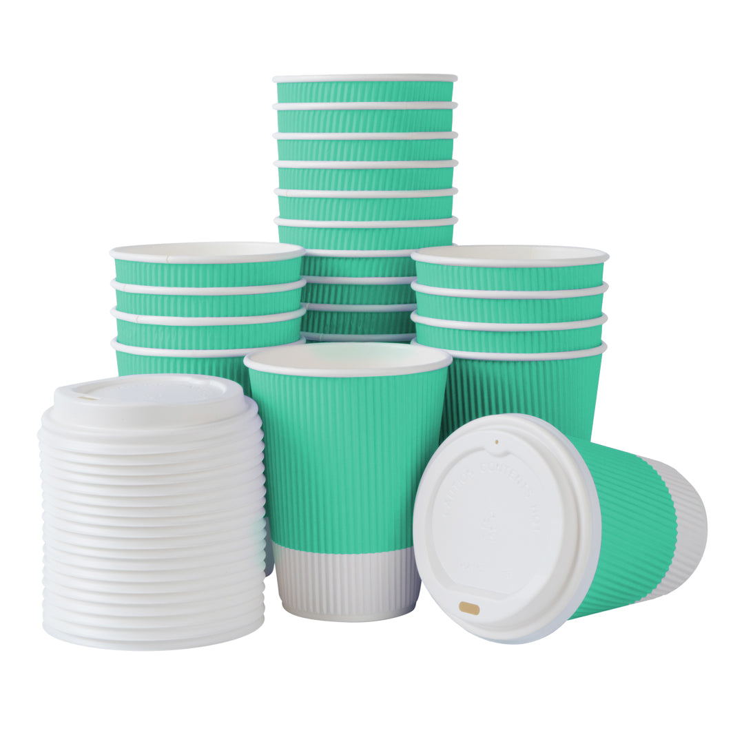 Restpresso 12 oz Light Green Paper Ripple Wall Coffee Cup - with White Lid - 3 1/2" x 3 1/2" x 5" - 20 count box