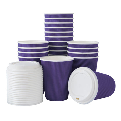 Restpresso 12 oz Royal Purple Paper Ripple Wall Coffee Cup - with White Lid - 3 1/2" x 3 1/2" x 5" - 20 count box
