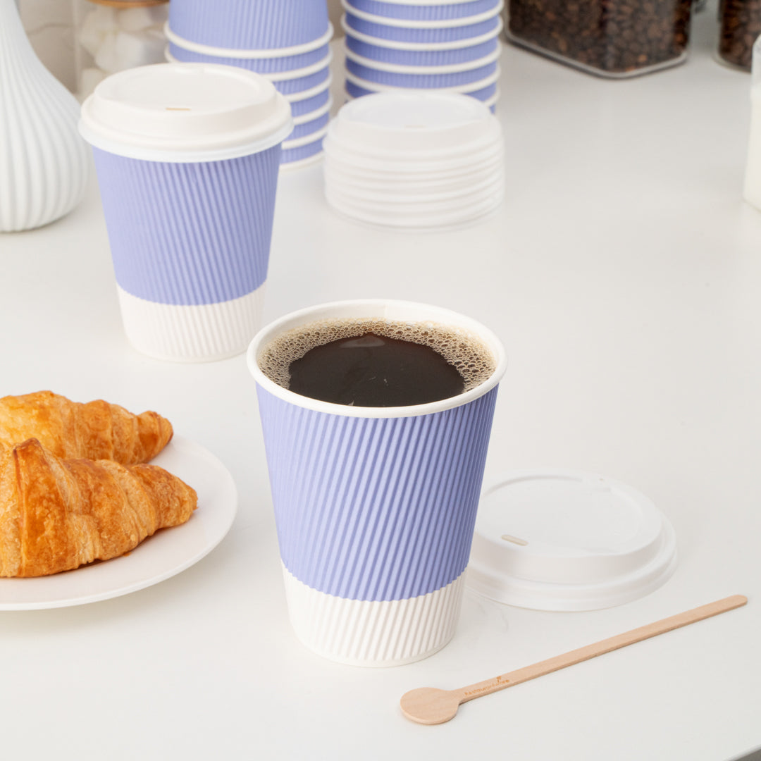 Restpresso 12 oz Light Purple Paper Ripple Wall Coffee Cup - with White Lid - 3 1/2" x 3 1/2" x 5" - 20 count box