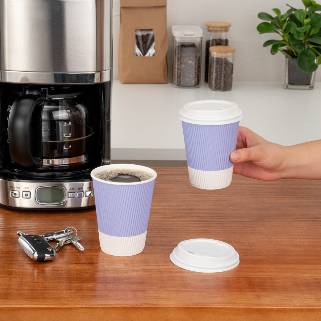 Restpresso 12 oz Light Purple Paper Ripple Wall Coffee Cup - with White Lid - 3 1/2" x 3 1/2" x 5" - 20 count box