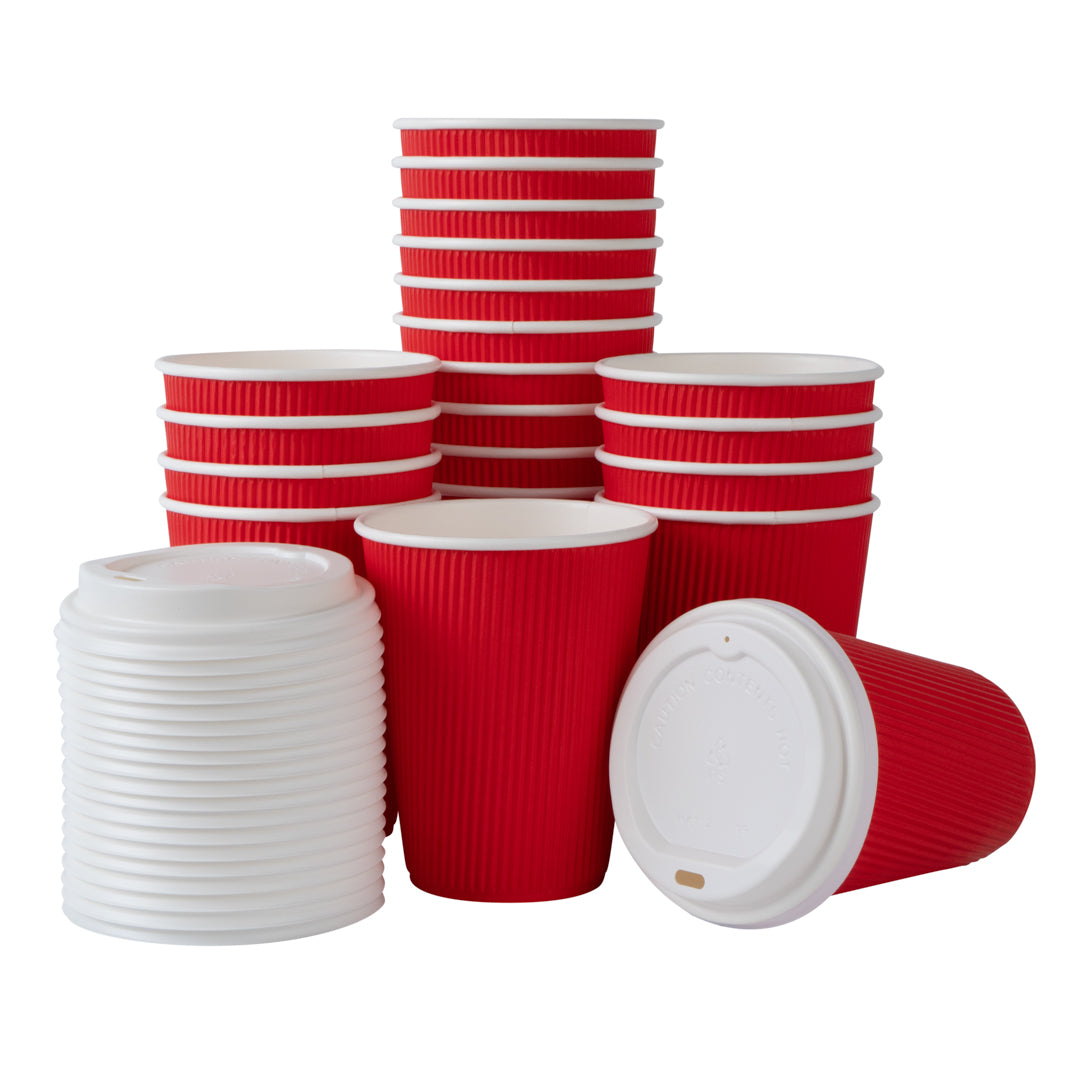 Restpresso 12 oz Red Paper Ripple Wall Coffee Cup - with White Lid - 3 1/2" x 3 1/2" x 5" - 200 count box