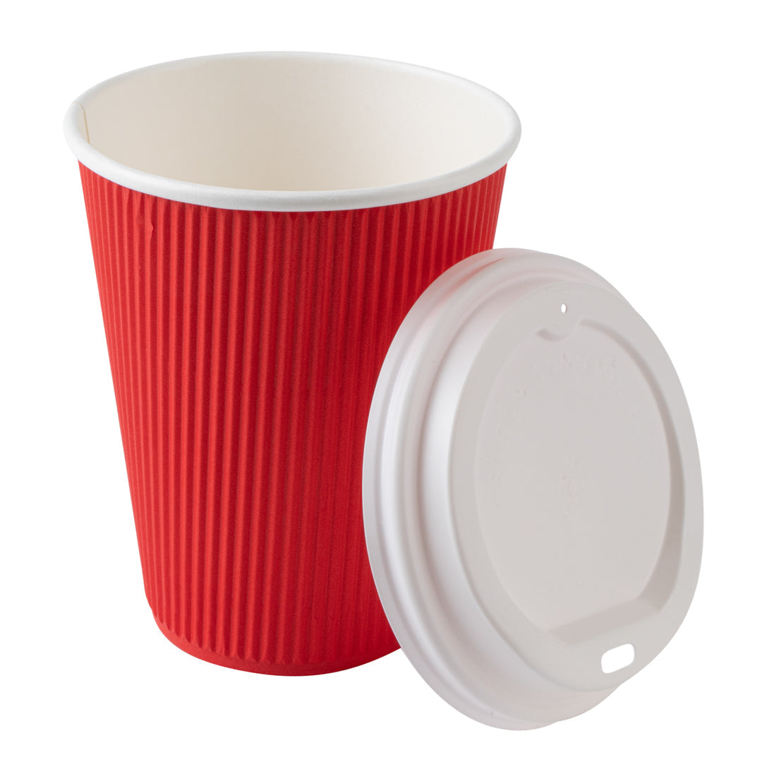 Restpresso 12 oz Red Paper Ripple Wall Coffee Cup - with White Lid - 3 1/2" x 3 1/2" x 5" - 20 count box
