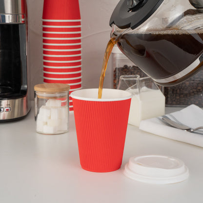 Restpresso 12 oz Red Paper Ripple Wall Coffee Cup - with White Lid - 3 1/2" x 3 1/2" x 5" - 200 count box