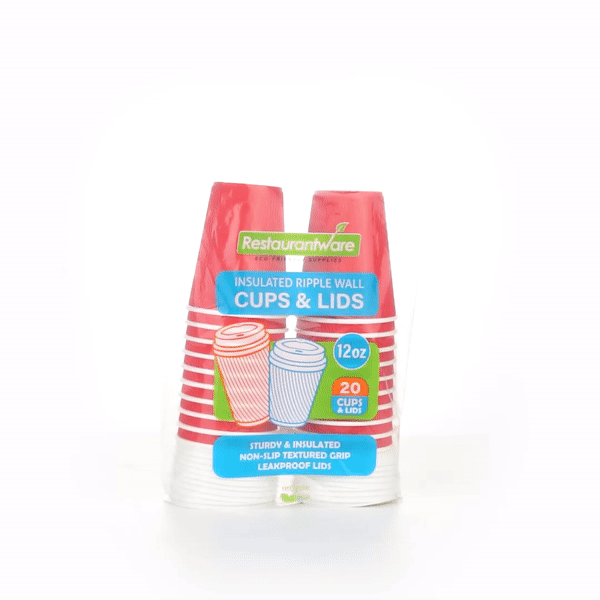 Restpresso 12 oz Red Paper Ripple Wall Coffee Cup - with White Lid - 3 1/2" x 3 1/2" x 5" - 200 count box