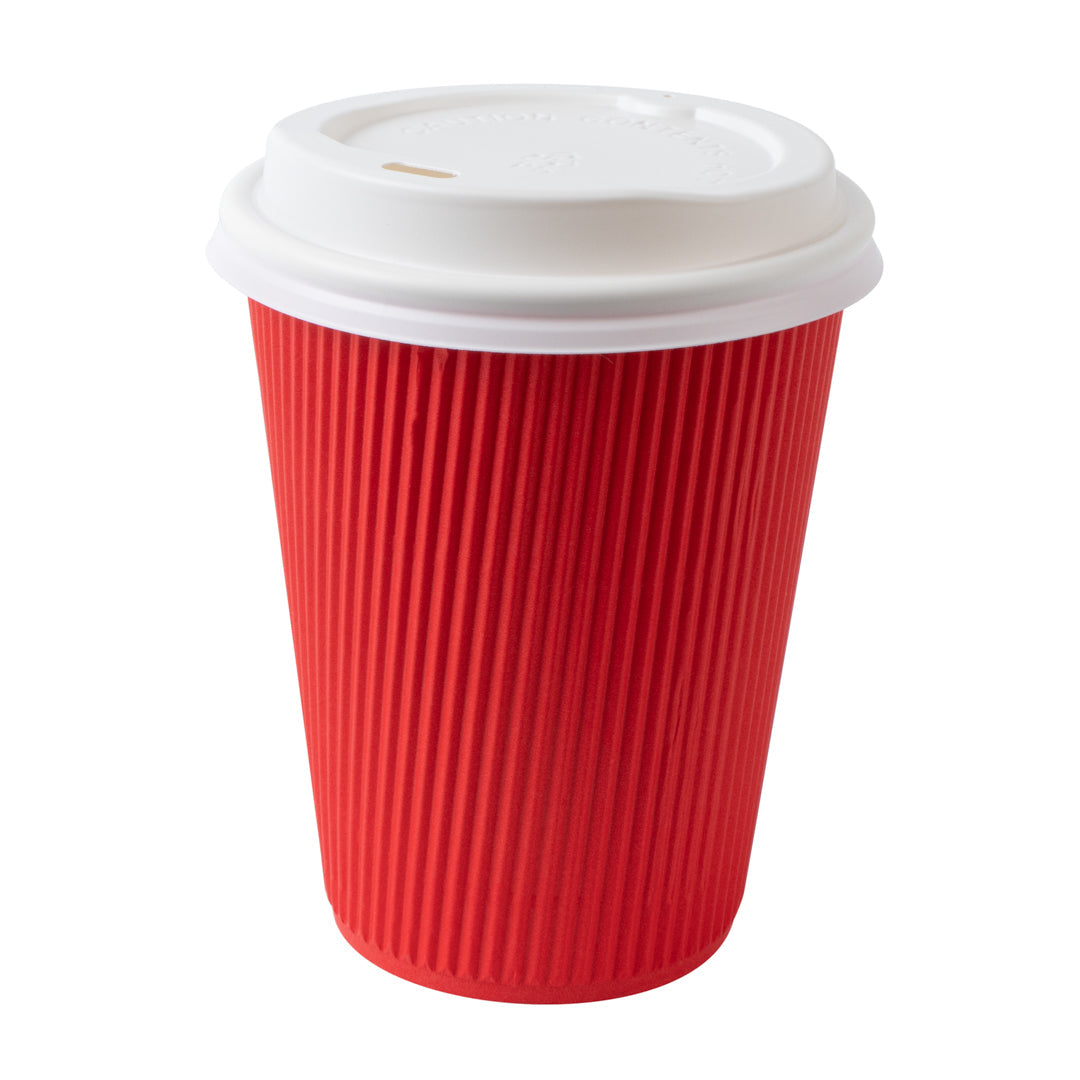 Restpresso 12 oz Red Paper Ripple Wall Coffee Cup - with White Lid - 3 1/2" x 3 1/2" x 5" - 200 count box