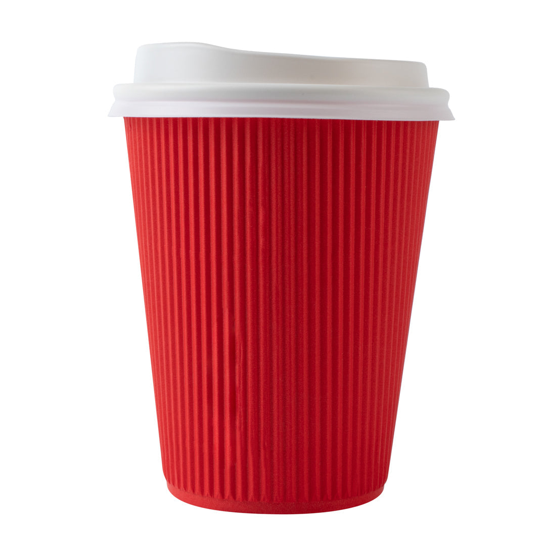 Restpresso 12 oz Red Paper Ripple Wall Coffee Cup - with White Lid - 3 1/2" x 3 1/2" x 5" - 200 count box