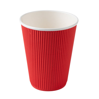 Restpresso 12 oz Red Paper Ripple Wall Coffee Cup - with White Lid - 3 1/2" x 3 1/2" x 5" - 200 count box