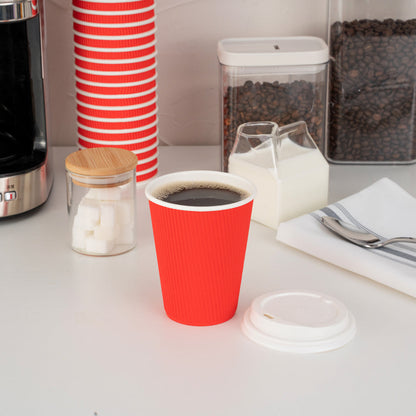 Restpresso 12 oz Red Paper Ripple Wall Coffee Cup - with White Lid - 3 1/2" x 3 1/2" x 5" - 200 count box