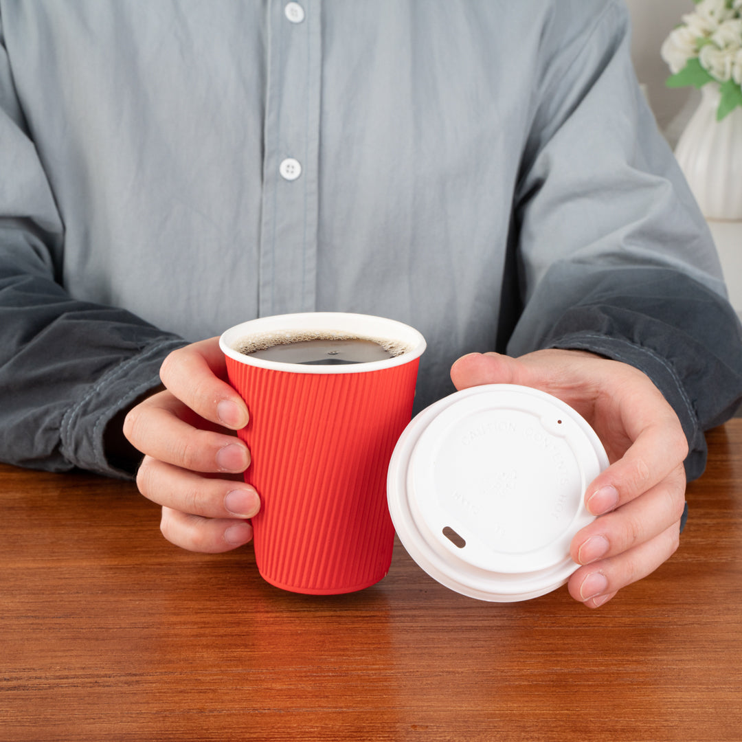 Restpresso 12 oz Red Paper Ripple Wall Coffee Cup - with White Lid - 3 1/2" x 3 1/2" x 5" - 200 count box