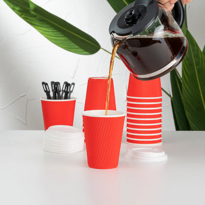 Restpresso 12 oz Red Paper Ripple Wall Coffee Cup - with White Lid - 3 1/2" x 3 1/2" x 5" - 200 count box
