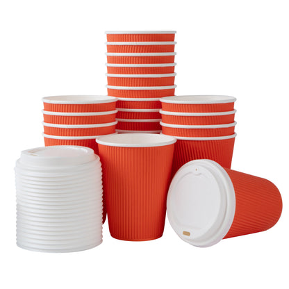 Restpresso 12 oz Tangerine Orange Paper Ripple Wall Coffee Cup - with White Lid - 3 1/2" x 3 1/2" x 5" - 20 count box