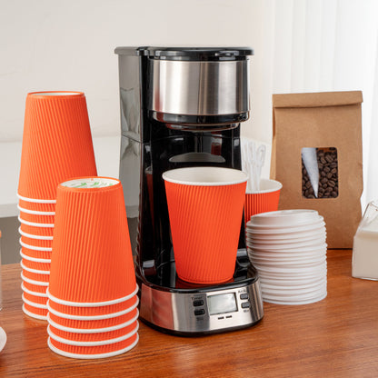 Restpresso 12 oz Tangerine Orange Paper Ripple Wall Coffee Cup - with White Lid - 3 1/2" x 3 1/2" x 5" - 20 count box