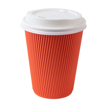 Restpresso 12 oz Tangerine Orange Paper Ripple Wall Coffee Cup - with White Lid - 3 1/2" x 3 1/2" x 5" - 20 count box