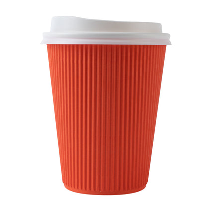 Restpresso 12 oz Tangerine Orange Paper Ripple Wall Coffee Cup - with White Lid - 3 1/2" x 3 1/2" x 5" - 20 count box