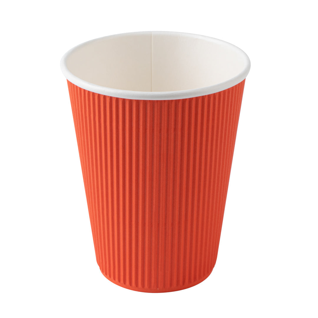Restpresso 12 oz Tangerine Orange Paper Ripple Wall Coffee Cup - with White Lid - 3 1/2" x 3 1/2" x 5" - 20 count box