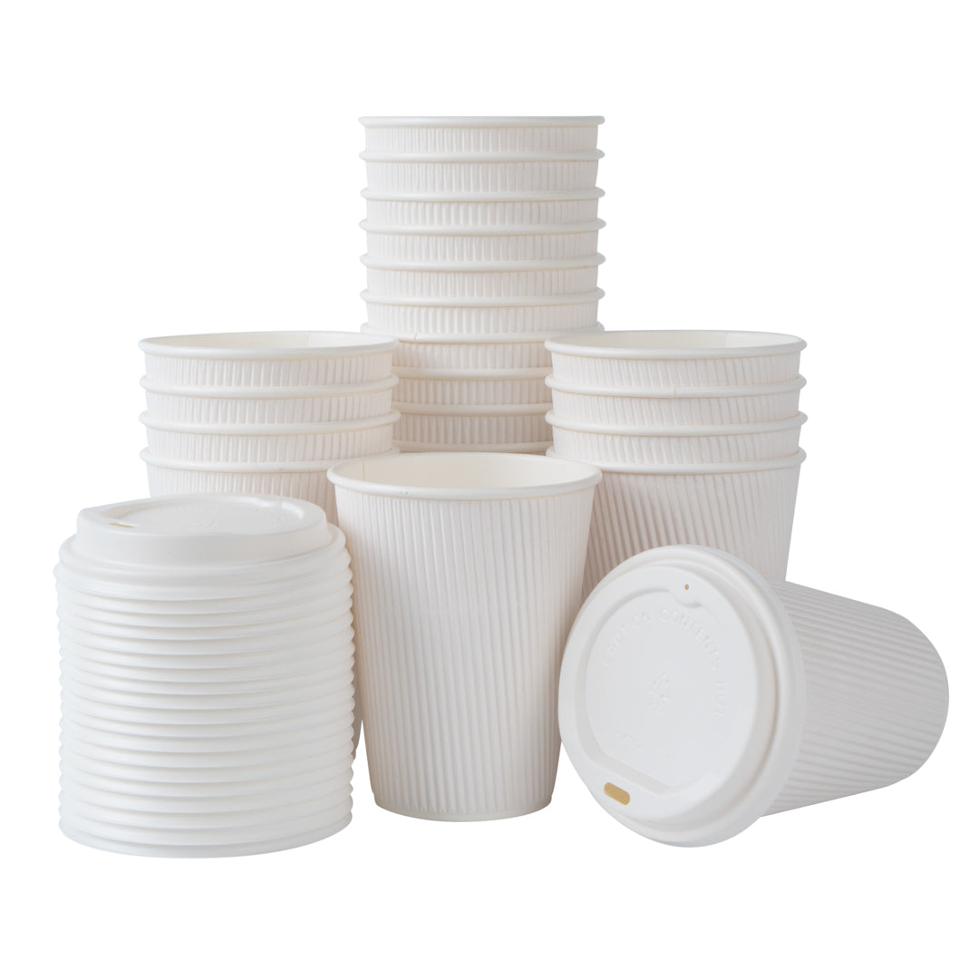 Restpresso 12 oz White Paper Ripple Wall Coffee Cup - with White Lid - 3 1/2" x 3 1/2" x 5" - 20 count box
