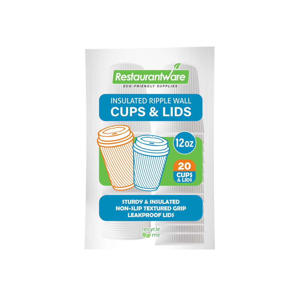 Restpresso 12 oz White Paper Ripple Wall Coffee Cup - with White Lid - 3 1/2" x 3 1/2" x 5" - 20 count box