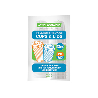 Restpresso 12 oz White Paper Ripple Wall Coffee Cup - with White Lid - 3 1/2" x 3 1/2" x 5" - 20 count box