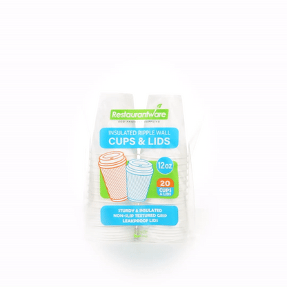 Restpresso 12 oz White Paper Ripple Wall Coffee Cup - with White Lid - 3 1/2" x 3 1/2" x 5" - 20 count box
