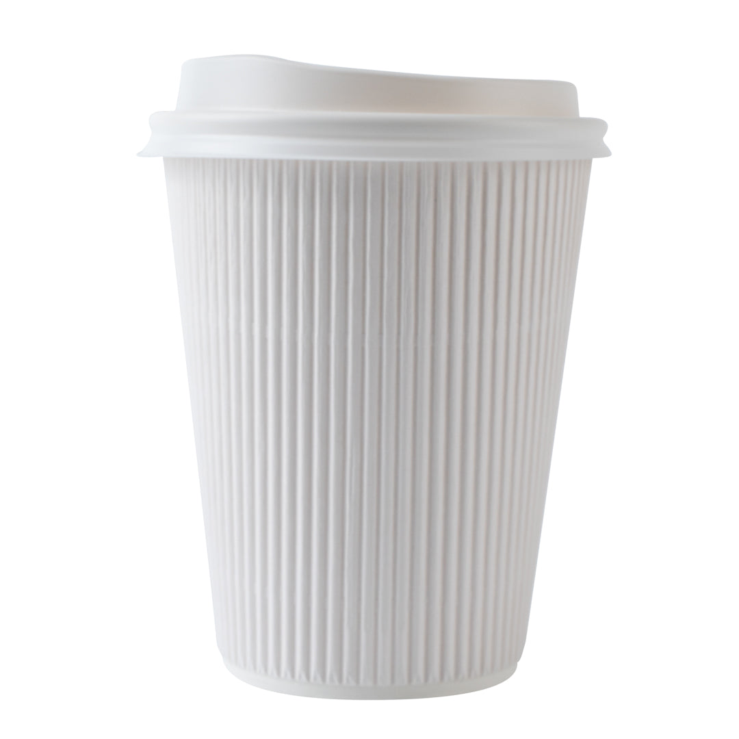 Restpresso 12 oz White Paper Ripple Wall Coffee Cup - with White Lid - 3 1/2" x 3 1/2" x 5" - 20 count box