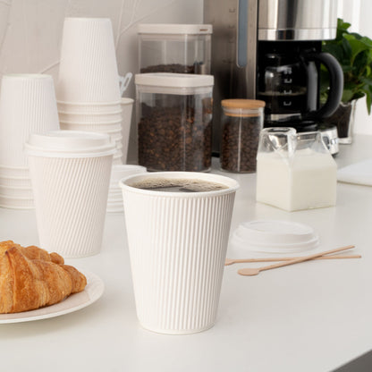 Restpresso 12 oz White Paper Ripple Wall Coffee Cup - with White Lid - 3 1/2" x 3 1/2" x 5" - 20 count box