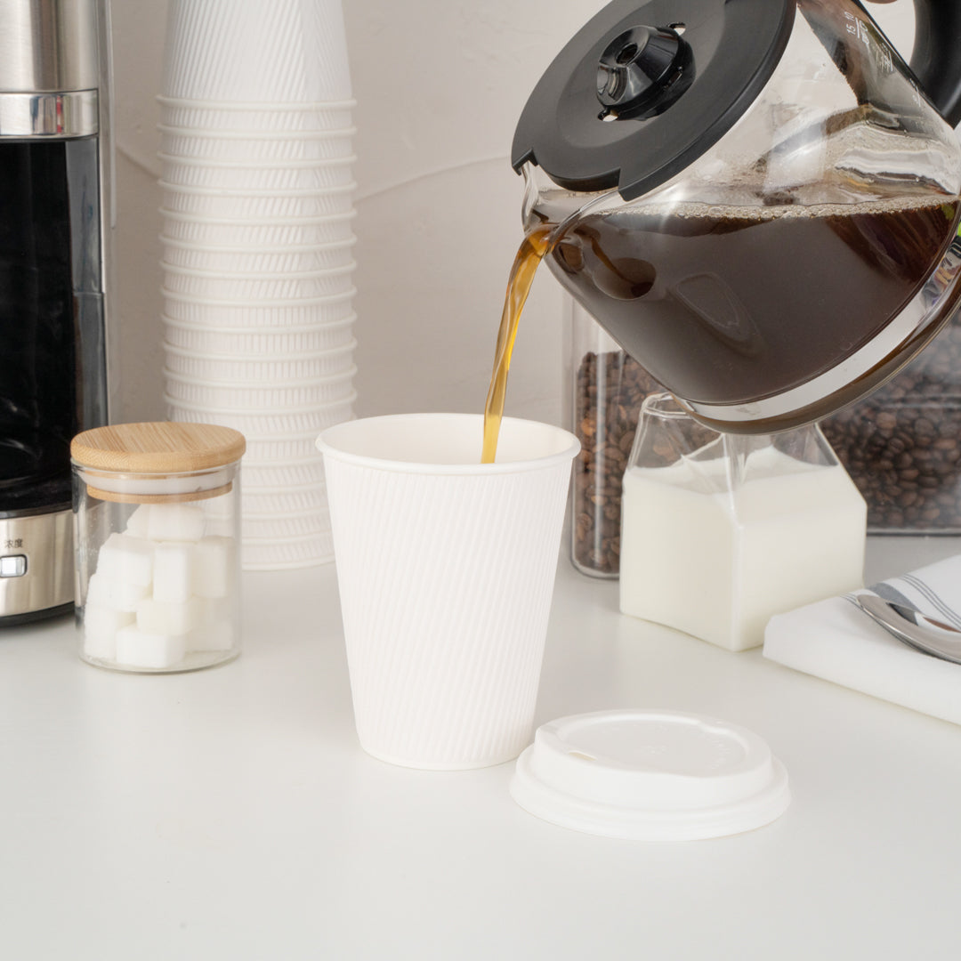 Restpresso 12 oz White Paper Ripple Wall Coffee Cup - with White Lid - 3 1/2" x 3 1/2" x 5" - 20 count box