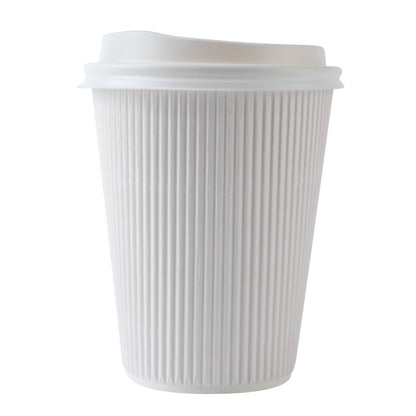 Restpresso 12 oz White Paper Ripple Wall Coffee Cup - with White Lid - 3 1/2" x 3 1/2" x 5" - 200 count box