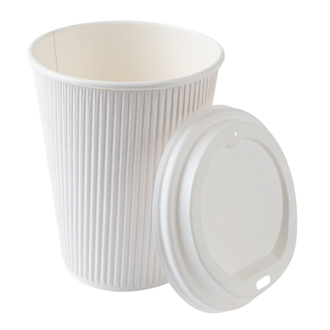 Restpresso 12 oz White Paper Ripple Wall Coffee Cup - with White Lid - 3 1/2" x 3 1/2" x 5" - 200 count box