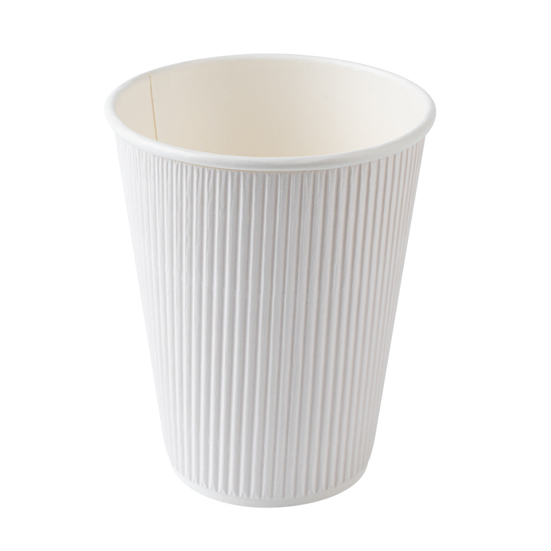 Restpresso 12 oz White Paper Ripple Wall Coffee Cup - with White Lid - 3 1/2" x 3 1/2" x 5" - 200 count box