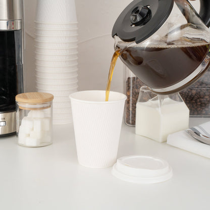 Restpresso 12 oz White Paper Ripple Wall Coffee Cup - with White Lid - 3 1/2" x 3 1/2" x 5" - 200 count box