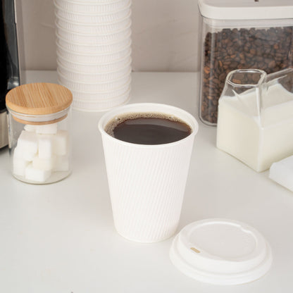 Restpresso 12 oz White Paper Ripple Wall Coffee Cup - with White Lid - 3 1/2" x 3 1/2" x 5" - 200 count box