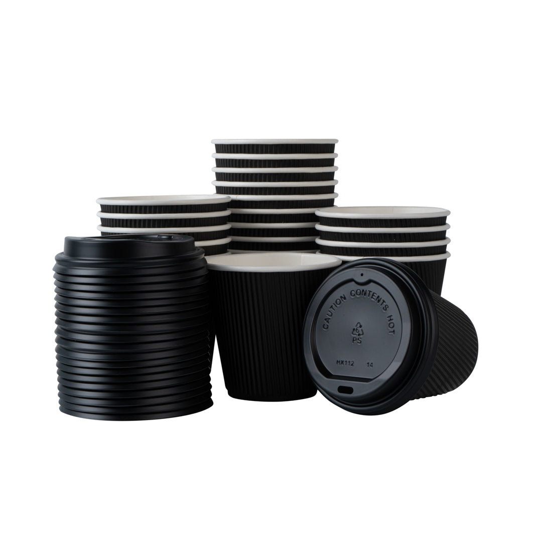 Restpresso 8 oz Black Paper Ripple Wall Coffee Cup - with Black Lid - 3 1/2" x 3 1/2" x 4" - 20 count box