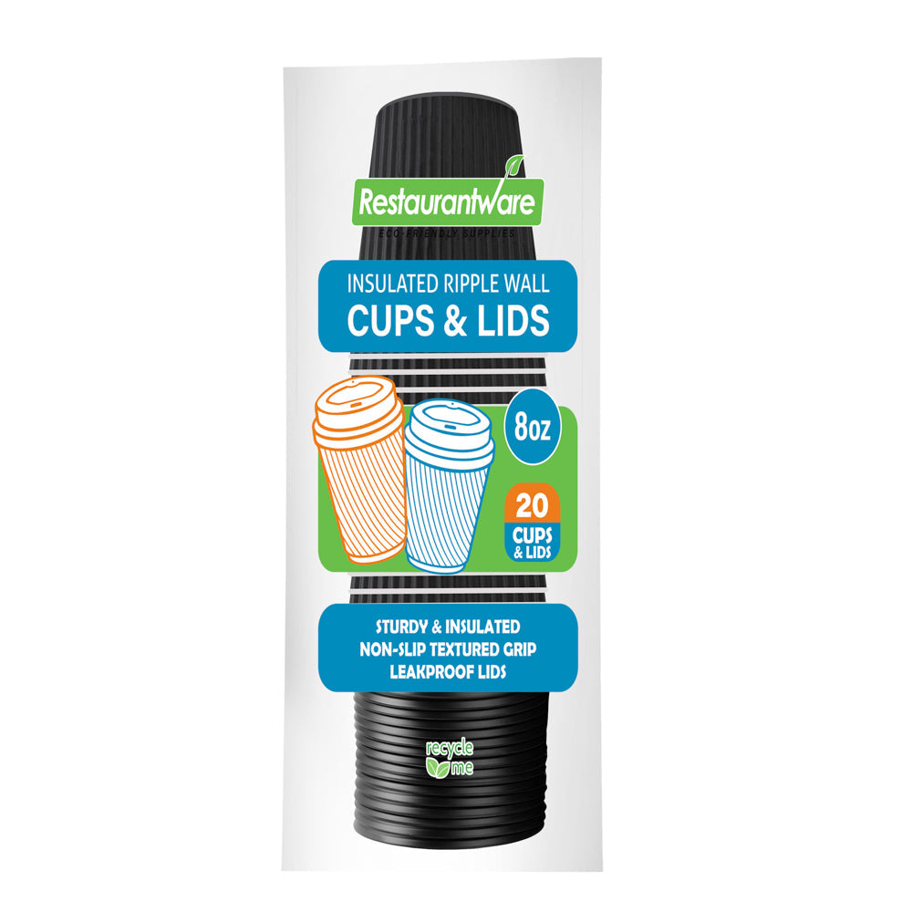 Restpresso 8 oz Black Paper Ripple Wall Coffee Cup - with Black Lid - 3 1/2" x 3 1/2" x 4" - 20 count box