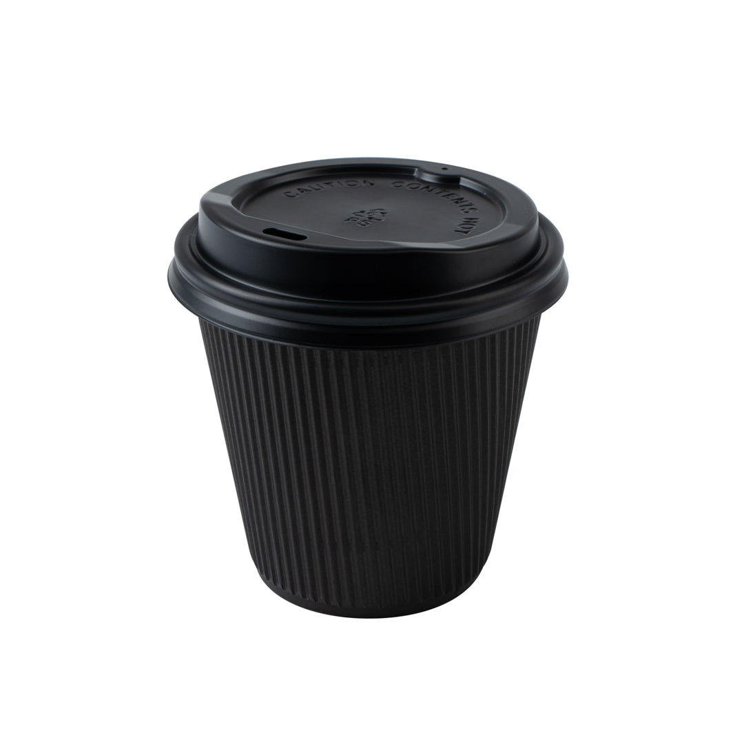 Restpresso 8 oz Black Paper Ripple Wall Coffee Cup - with Black Lid - 3 1/2" x 3 1/2" x 4" - 20 count box