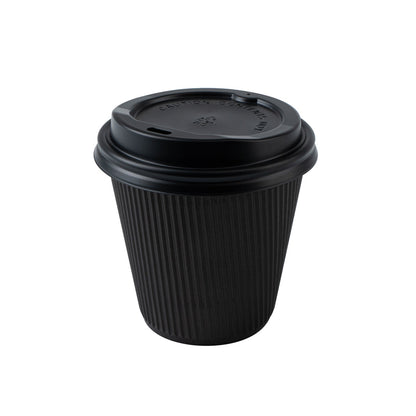 Restpresso 8 oz Black Paper Ripple Wall Coffee Cup - with Black Lid - 3 1/2" x 3 1/2" x 4" - 20 count box