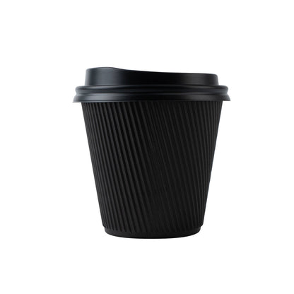 Restpresso 8 oz Black Paper Ripple Wall Coffee Cup - with Black Lid - 3 1/2" x 3 1/2" x 4" - 400 count box