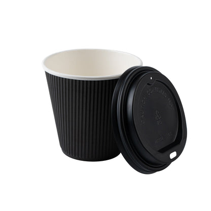 Restpresso 8 oz Black Paper Ripple Wall Coffee Cup - with Black Lid - 3 1/2" x 3 1/2" x 4" - 400 count box