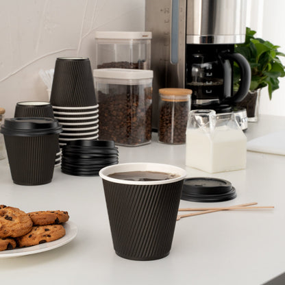 Restpresso 8 oz Black Paper Ripple Wall Coffee Cup - with Black Lid - 3 1/2" x 3 1/2" x 4" - 400 count box