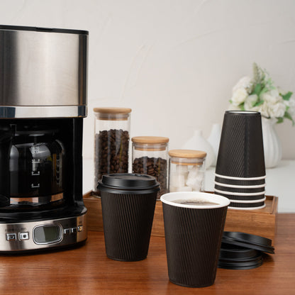 Restpresso 8 oz Black Paper Ripple Wall Coffee Cup - with Black Lid - 3 1/2" x 3 1/2" x 4" - 400 count box