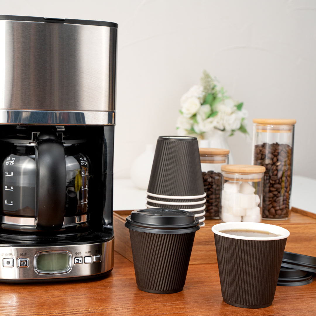 Restpresso 8 oz Black Paper Ripple Wall Coffee Cup - with Black Lid - 3 1/2" x 3 1/2" x 4" - 400 count box