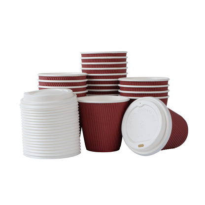 Restpresso 8 oz Crimson Paper Ripple Wall Coffee Cup - with White Lid - 3 1/2" x 3 1/2" x 4" - 20 count box