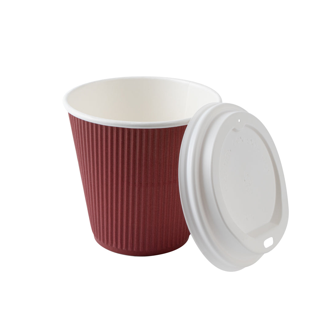 Restpresso 8 oz Crimson Paper Ripple Wall Coffee Cup - with White Lid - 3 1/2" x 3 1/2" x 4" - 20 count box