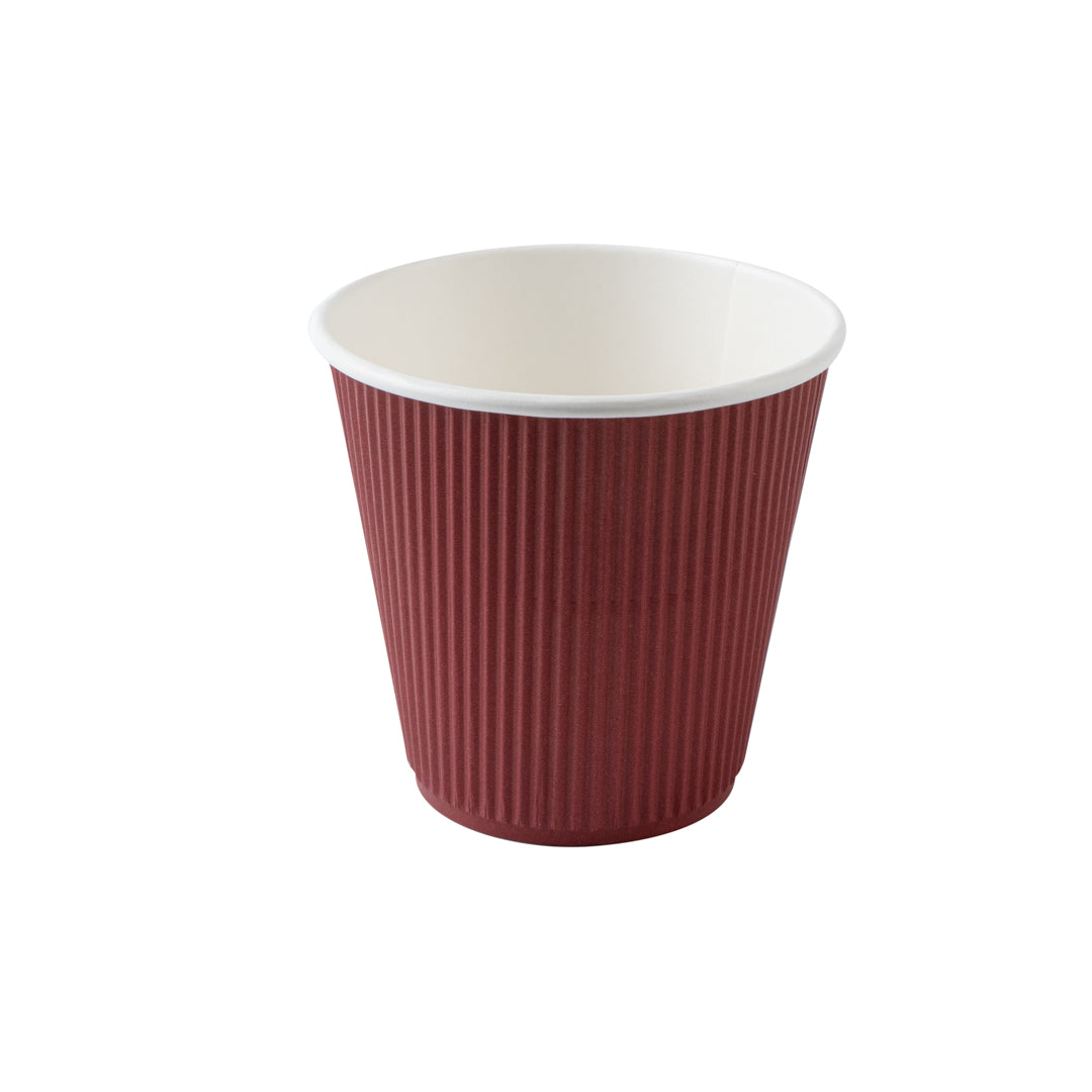 Restpresso 8 oz Crimson Paper Ripple Wall Coffee Cup - with White Lid - 3 1/2" x 3 1/2" x 4" - 20 count box