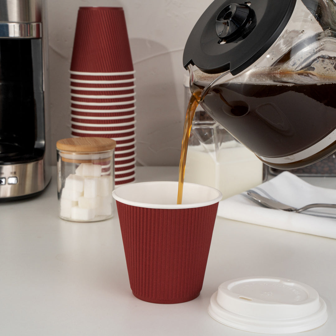 Restpresso 8 oz Crimson Paper Ripple Wall Coffee Cup - with White Lid - 3 1/2" x 3 1/2" x 4" - 20 count box