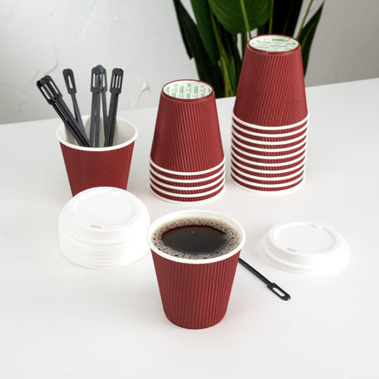 Restpresso 8 oz Crimson Paper Ripple Wall Coffee Cup - with White Lid - 3 1/2" x 3 1/2" x 4" - 20 count box