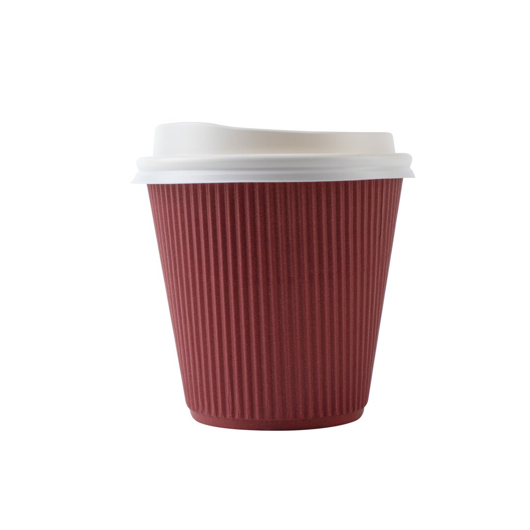 Restpresso 8 oz Crimson Paper Ripple Wall Coffee Cup - with White Lid - 3 1/2" x 3 1/2" x 4" - 400 count box