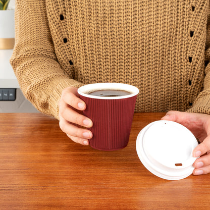 Restpresso 8 oz Crimson Paper Ripple Wall Coffee Cup - with White Lid - 3 1/2" x 3 1/2" x 4" - 400 count box