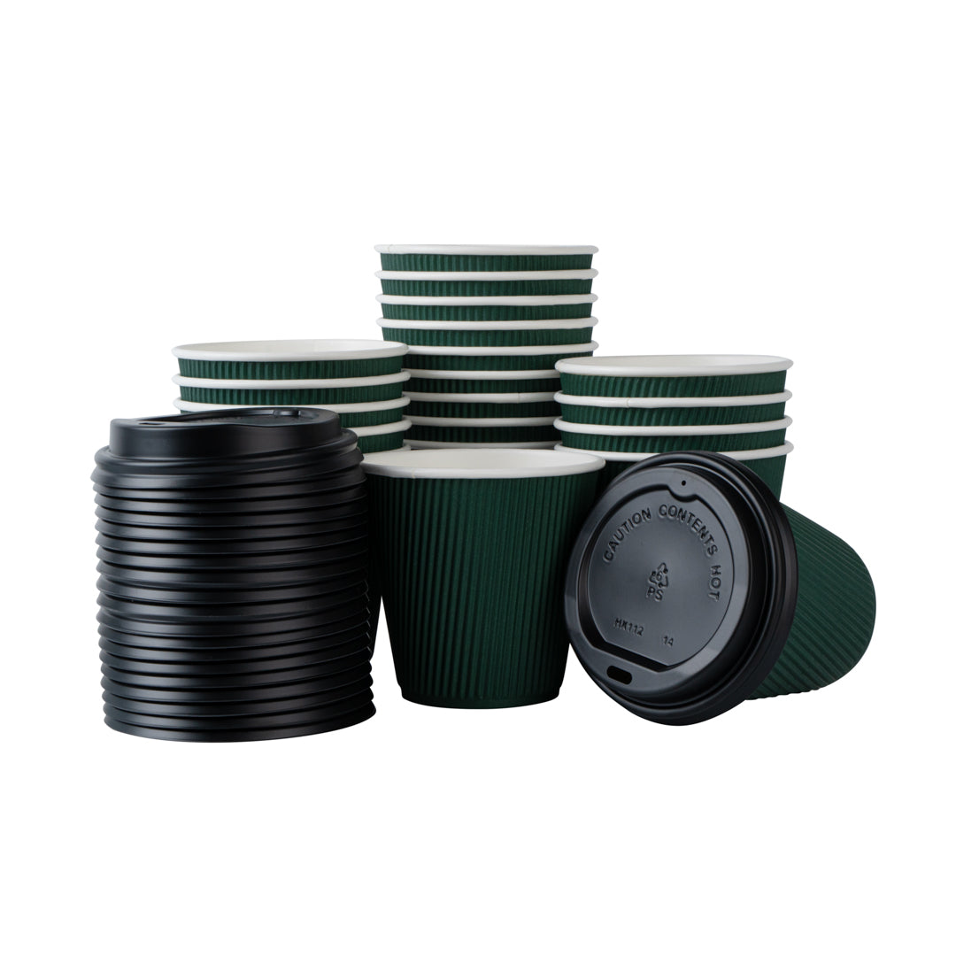 Restpresso 8 oz Forest Green Paper Ripple Wall Coffee Cup - with Black Lid - 3 1/2" x 3 1/2" x 4" - 20 count box